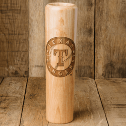 Collection of Wooden baseball bat with Texas Rangers logo on a wooden background in a gallery layout