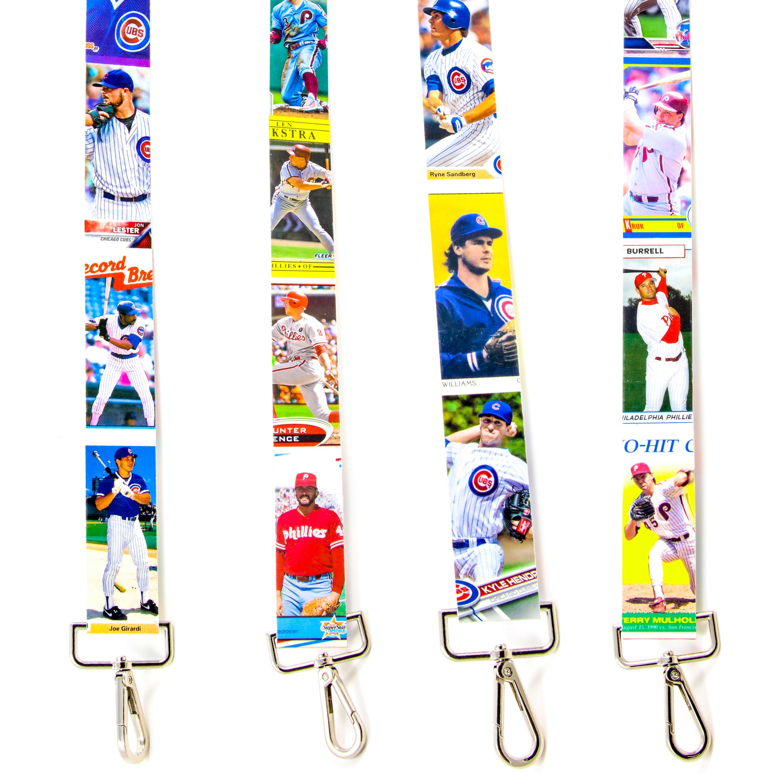 Collection of Set of four baseball cards purse straps on a white background in a gallery layout