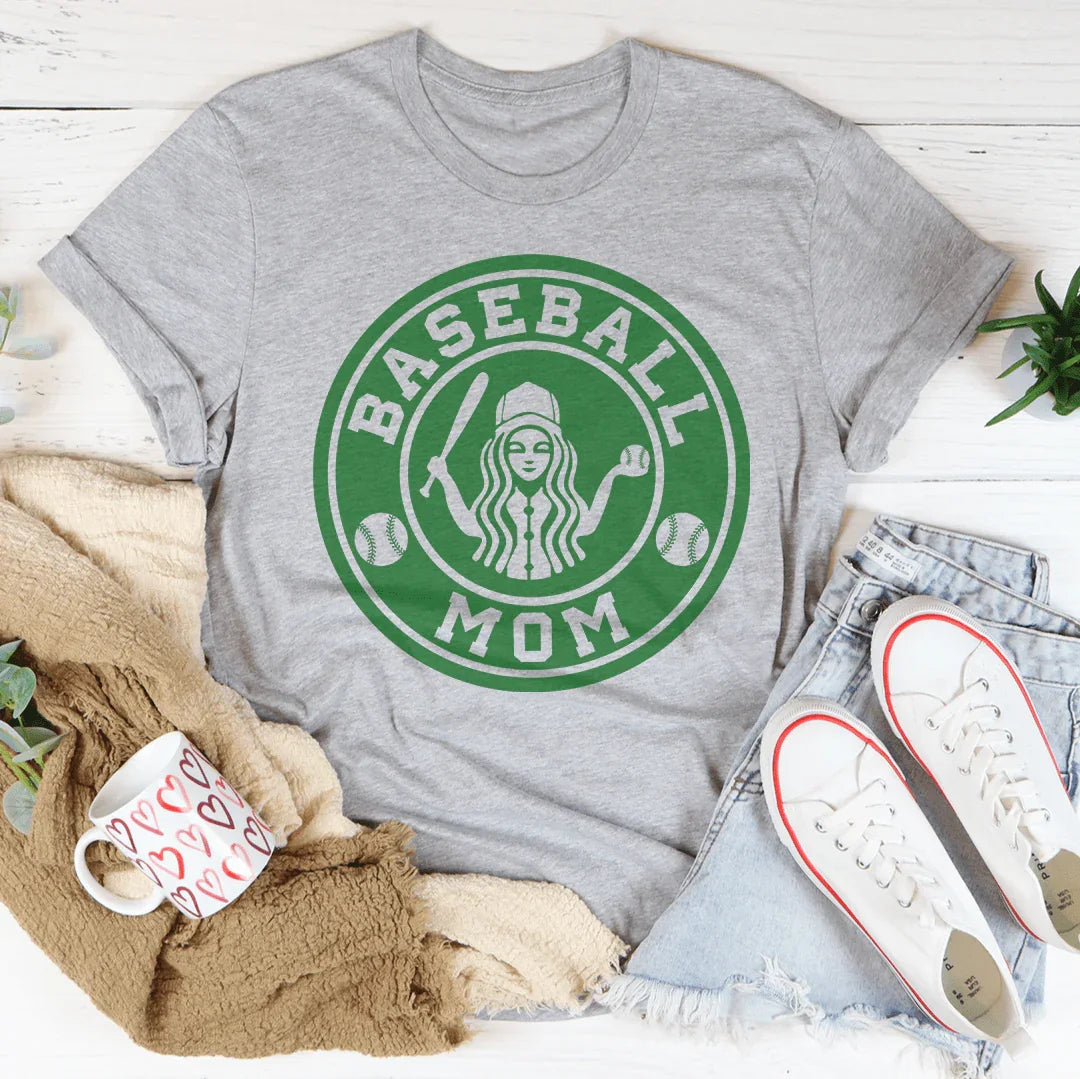 Collection of Gray t-shirt with green 'Baseball Mom' graphic on a white surface with accessories. in a gallery layout