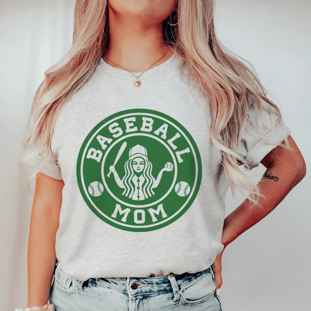 Woman wearing a starbucks inspired t-shirt with a 'Baseball Mom' graphic design.