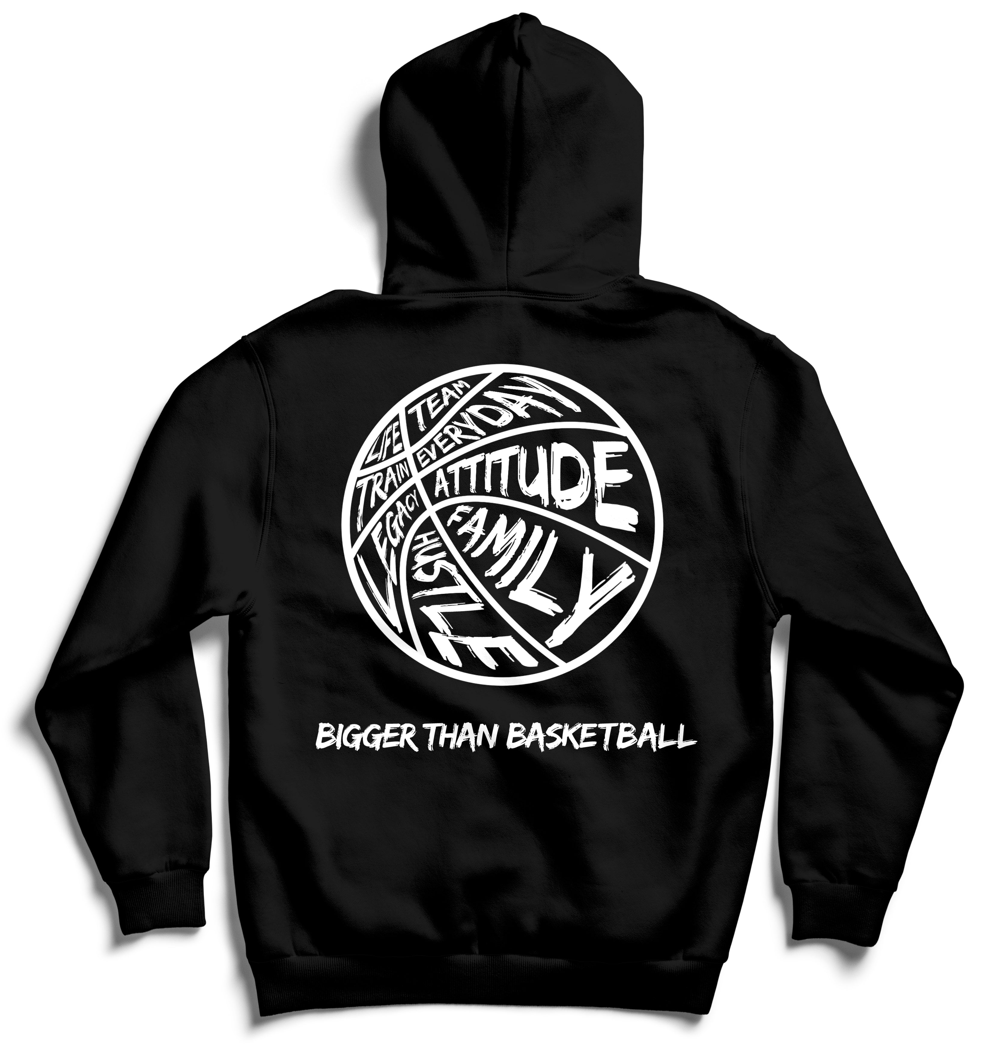 Collection of Black hoodie with white text design on a white background in a gallery layout