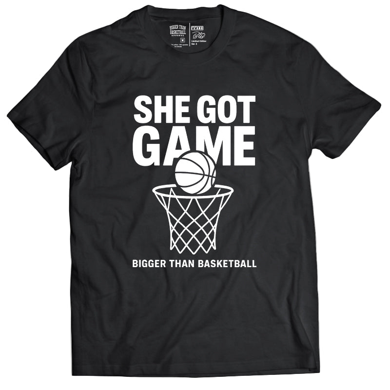 Collection of Black t-shirt with 'She Got Game Bigger Than Basketball' text and graphics on a white background in a gallery layout