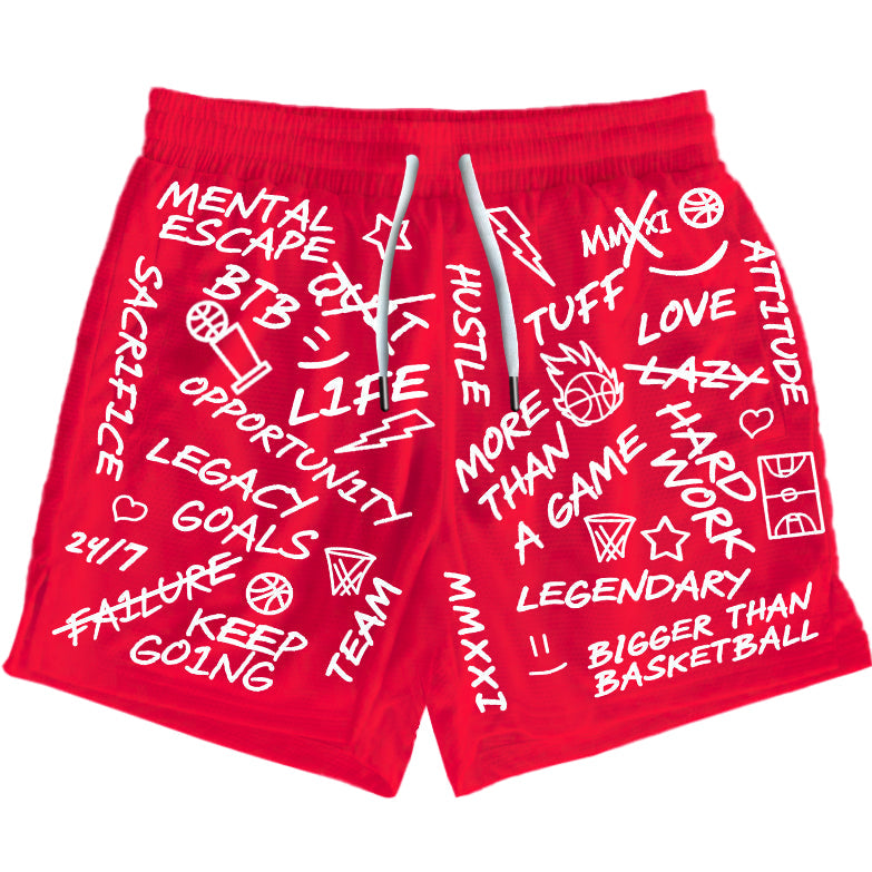 Collection of Red shorts with white text and graphics on a white background in a gallery layout