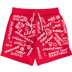 Collection of Red shorts with white text and graphics on a white background in a gallery layout
