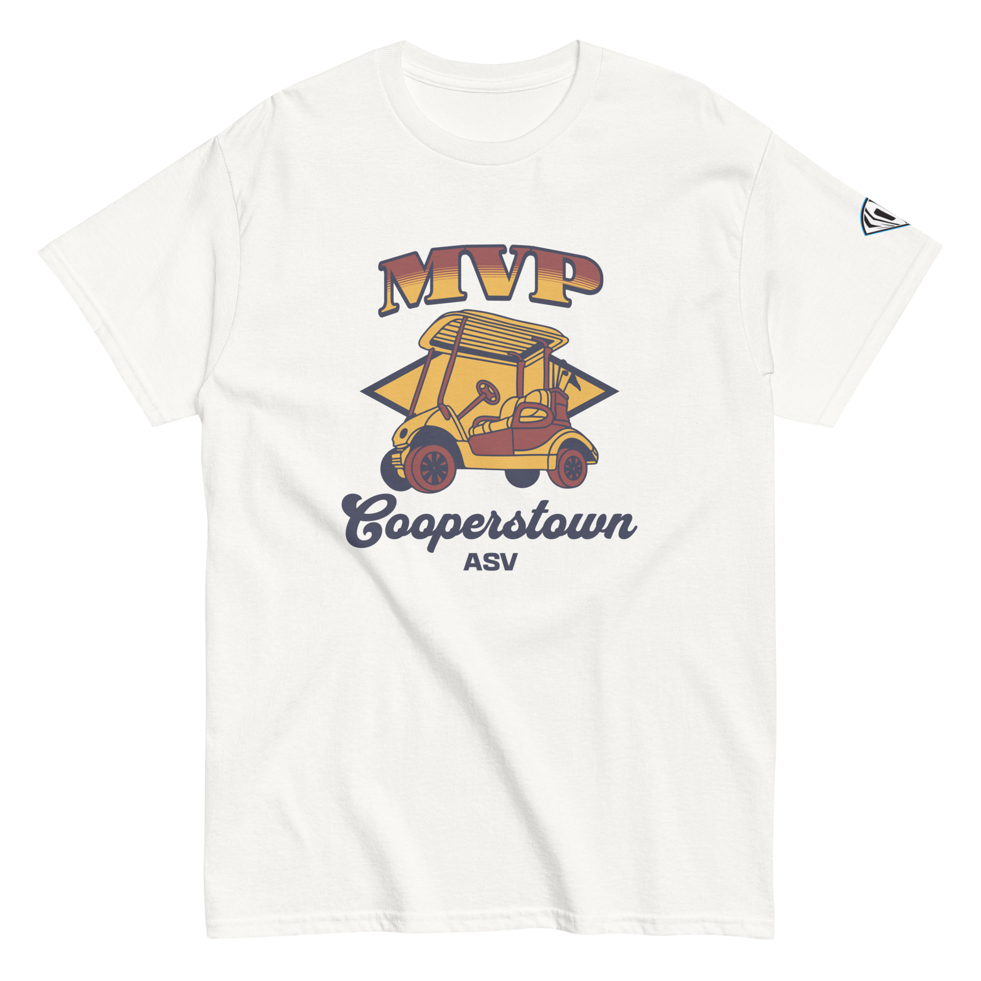 A white Cooperstown ASV MVP T-shirt with a graphic print of a golf cart and text.