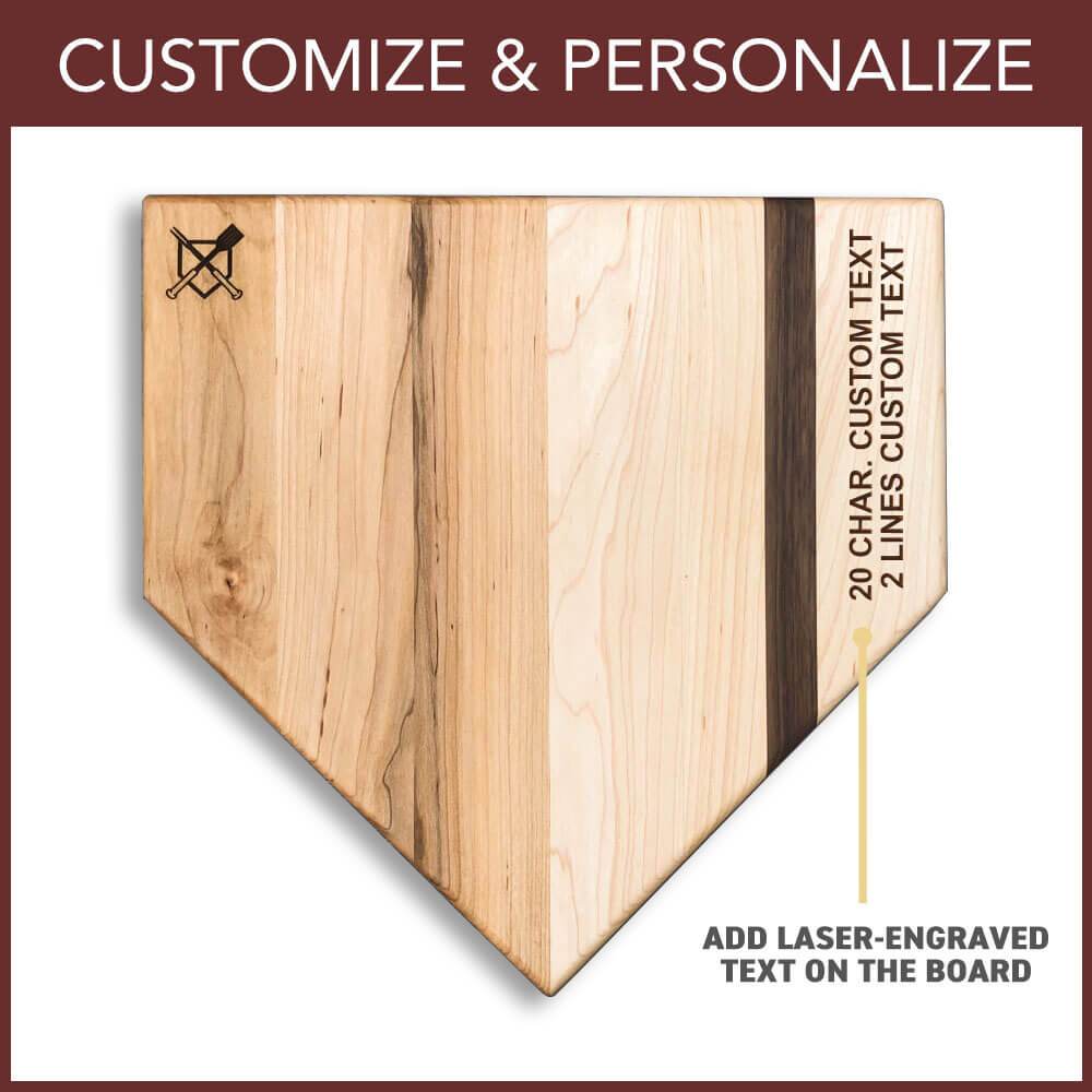 Wooden home plate with text customization options on a white background
