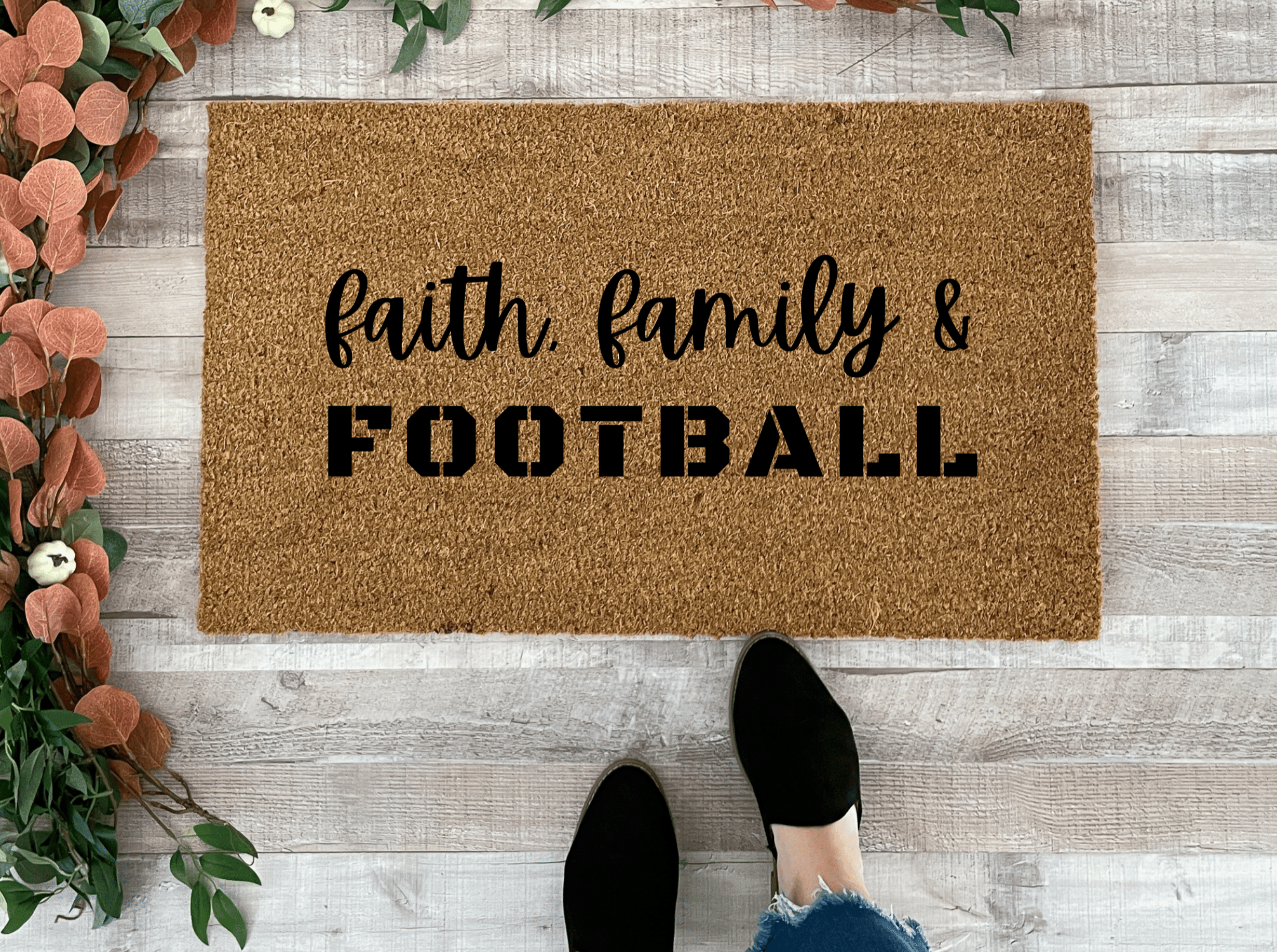 Collection of Doormat with 'Faith, Family & Football' text on a wooden floor. in a gallery layout