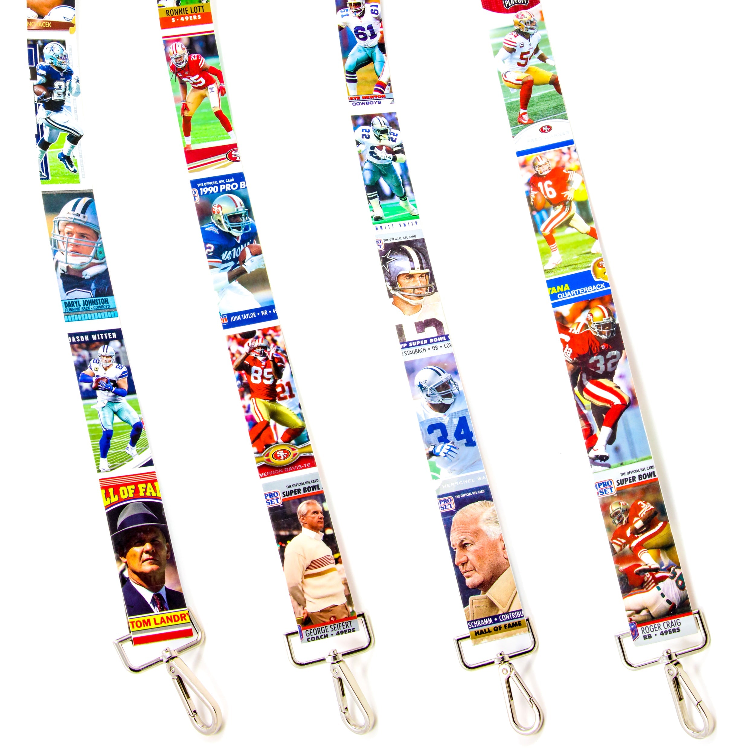 Collection of Two colorful lanyards with football player images on a white background in a gallery layout