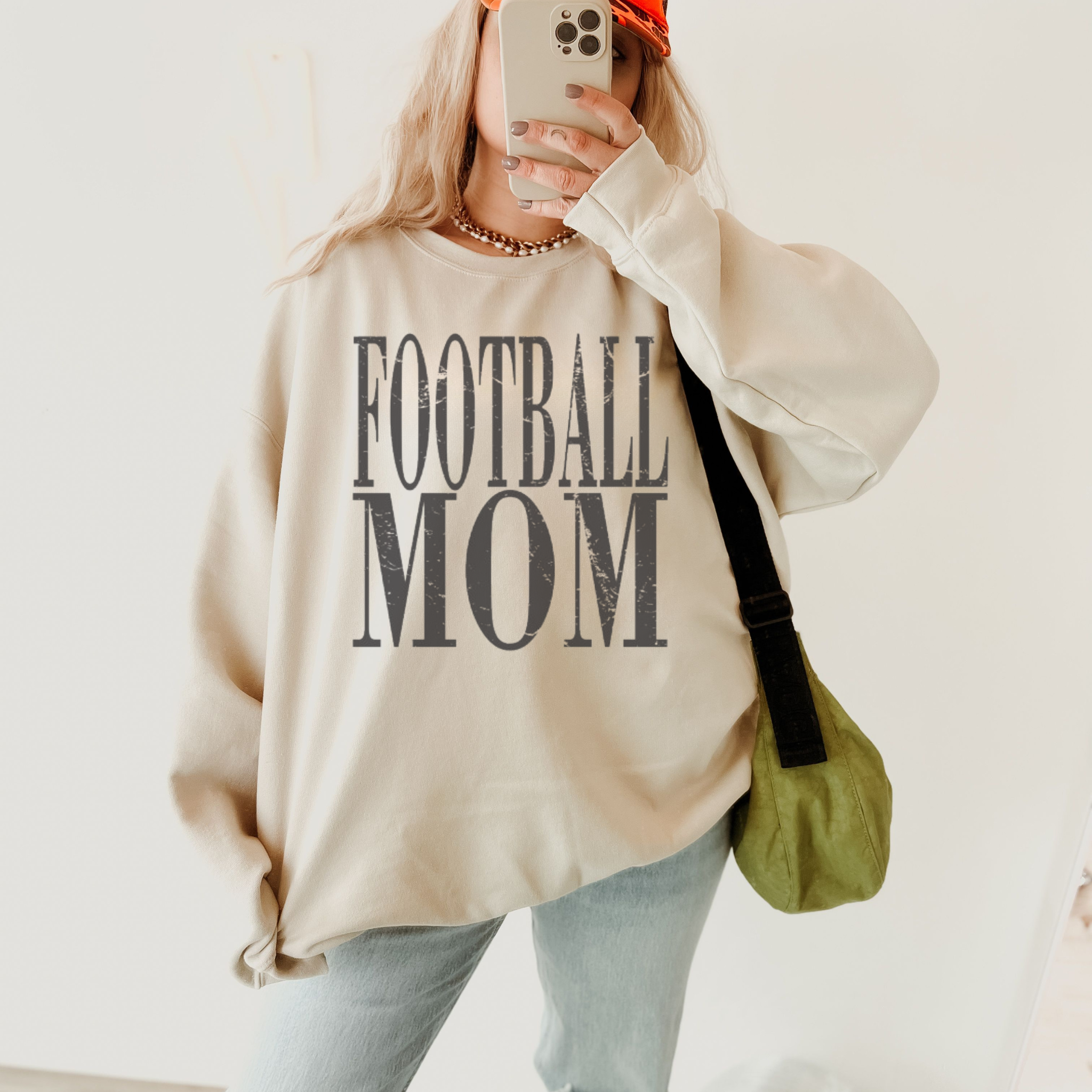 Collection of Distressed Football Mom Crewneck Sweatshirt in a gallery layout