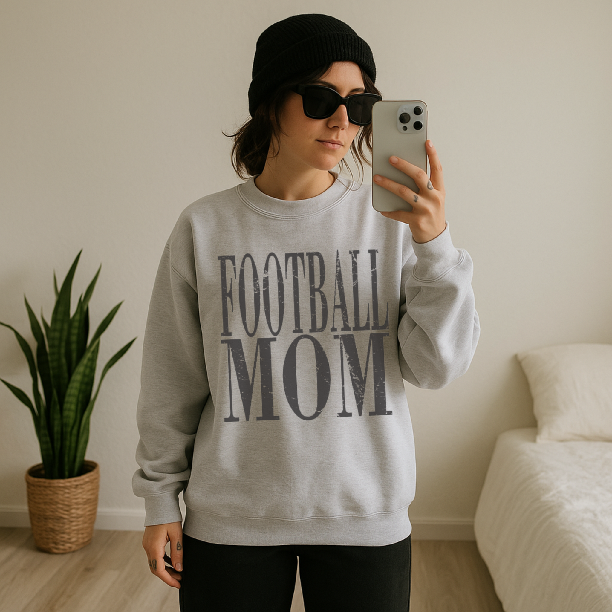 Collection of Distressed Football Mom Crewneck Sweatshirt in a gallery layout