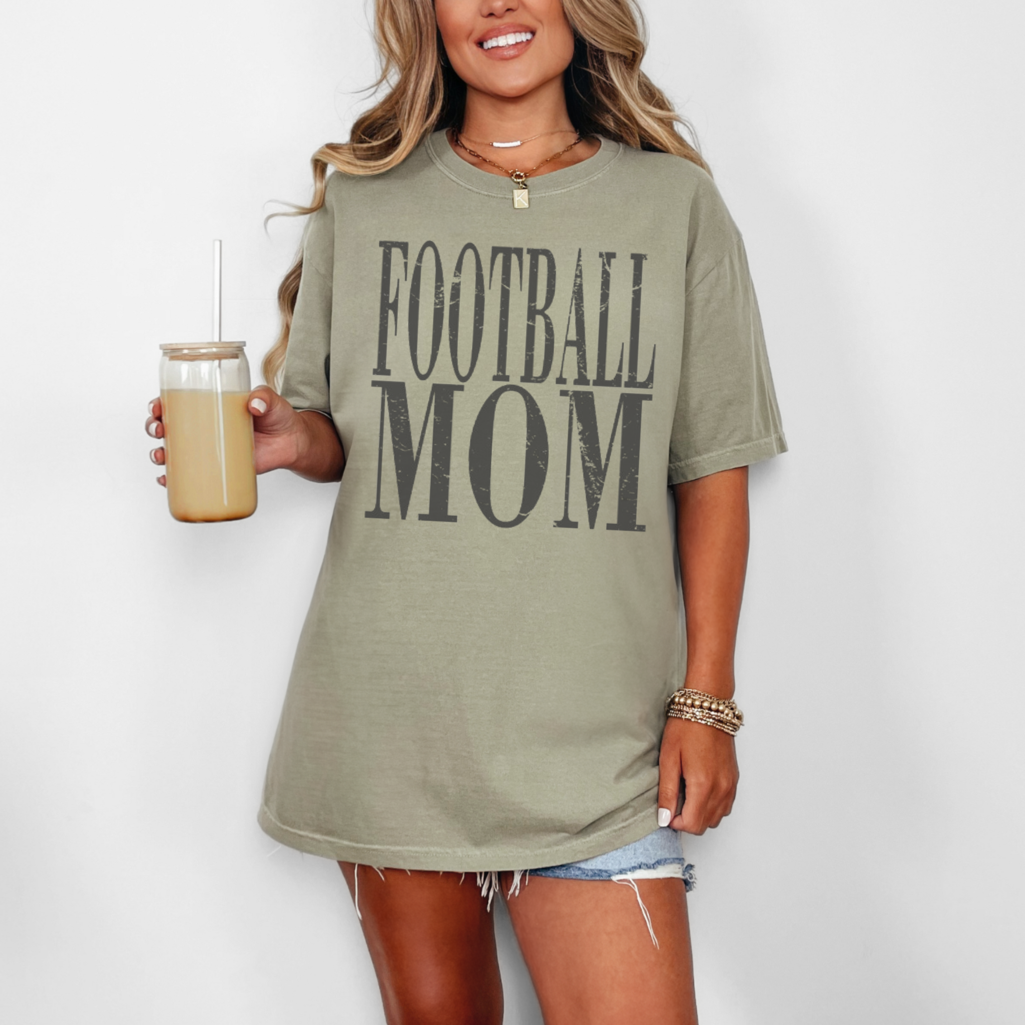 Collection of Distressed Football Mom Tee Shirt in a gallery layout