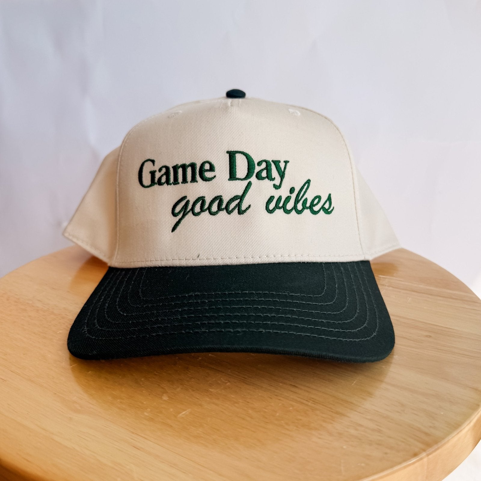Game Day Good Vibes embroidered trucker hat natural canvas dark brim baseball mom hat