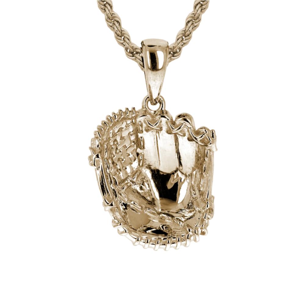 Gold necklace with a detailed pendant on a white background