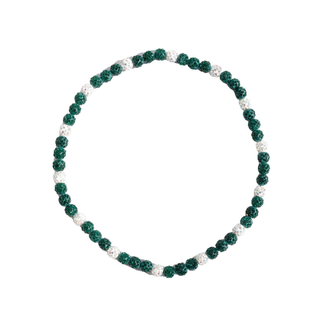Necklace with green and white beads on a white background