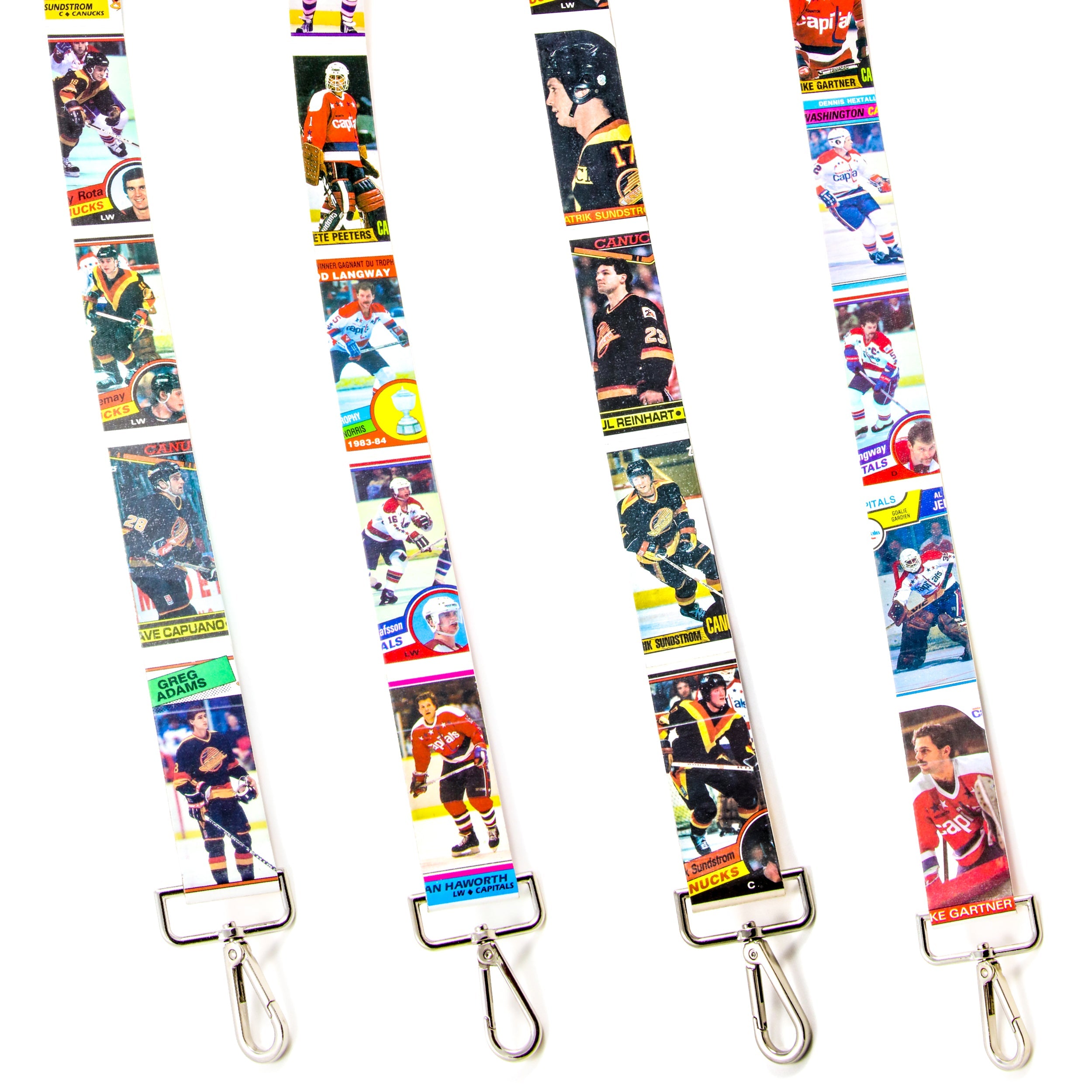 Collection of Hockey card purse straps on a white background in a gallery layout