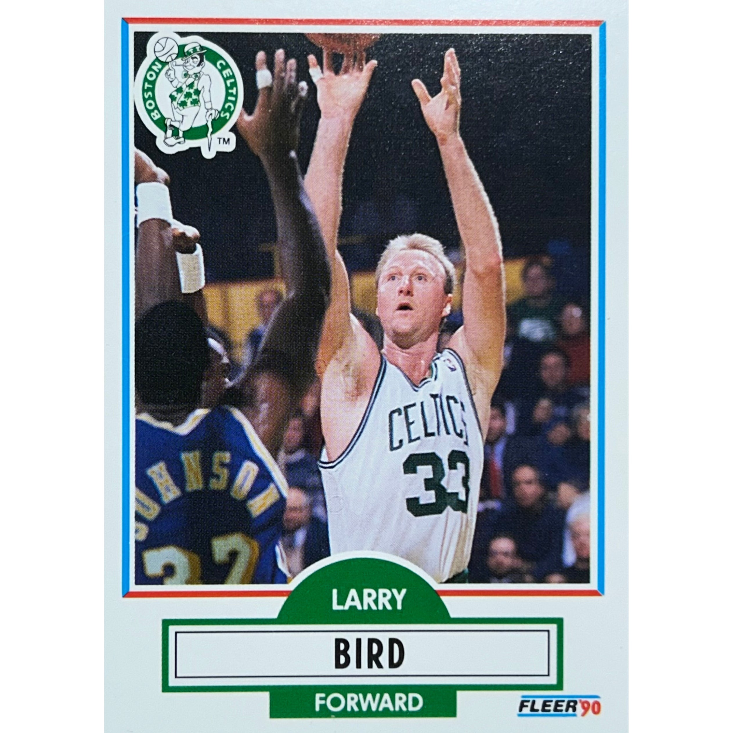 Collection of Basketball trading card of Larry Bird in action, with Celtics logo and Fleer 90 branding. Larry Bird Basketball Card belt in a gallery layout
