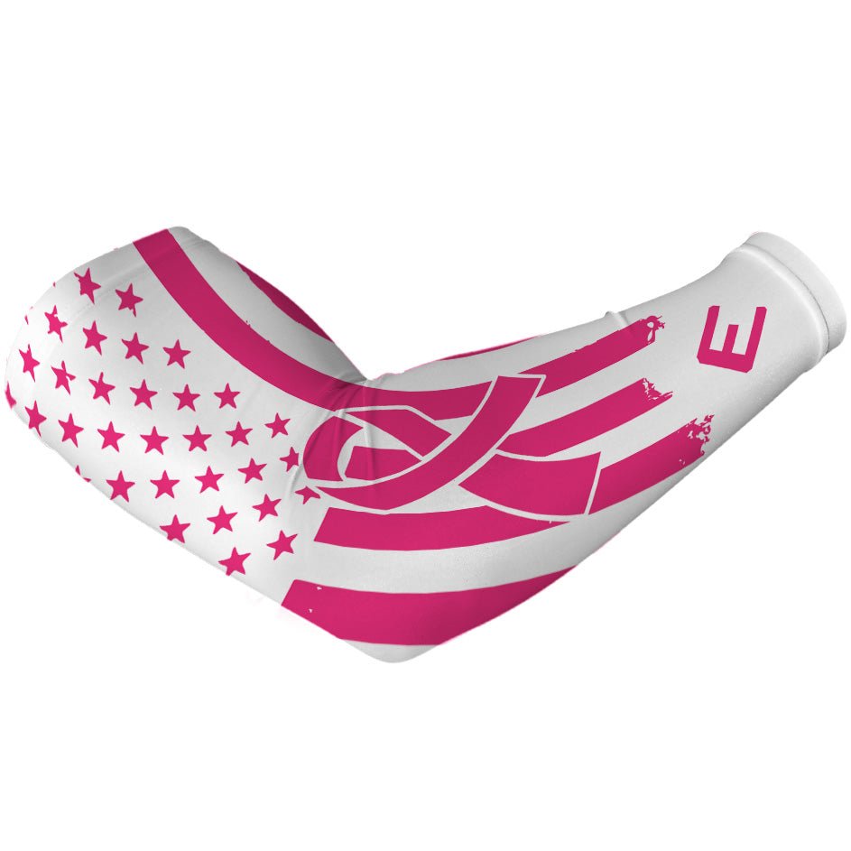 Collection of White and pink elbow pad with star pattern and logo on a white background in a gallery layout