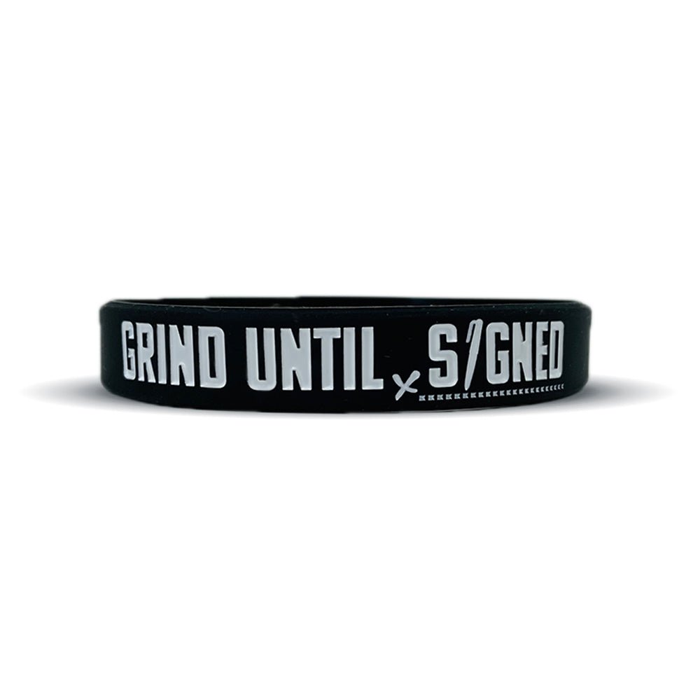 Collection of Black wristband with 'GRIND UNTIL SIGNED' text on a white background in a gallery layout