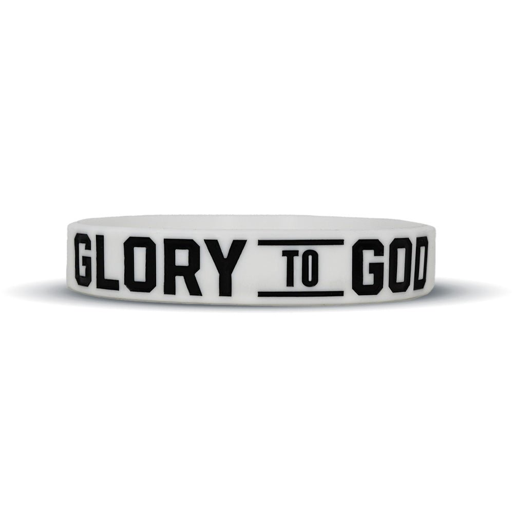 Collection of White wristband with 'GLORY TO GOD' text on a white background in a gallery layout