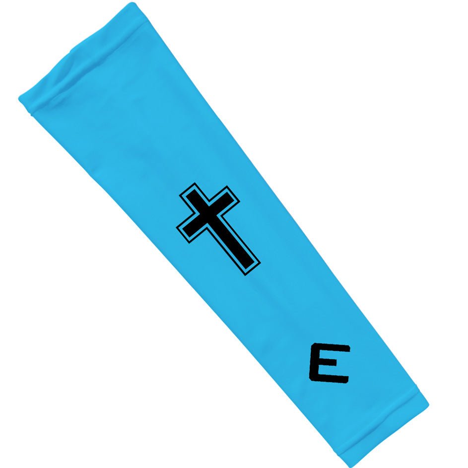 Collection of Blue arm sleeve with a black cross and letter 'E' on a white background in a gallery layout