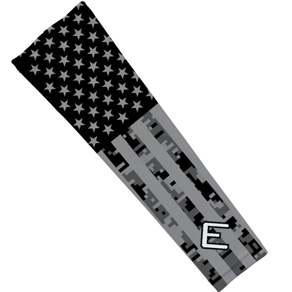 Collection of American flag with digital camouflage pattern and letter 'E' on a white background in a gallery layout