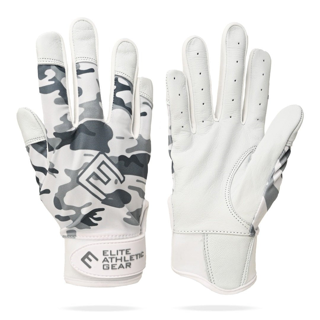 Collection of Pair of white and camouflage batting gloves with 'Elite Athletic Gear' branding on a white background. in a gallery layout