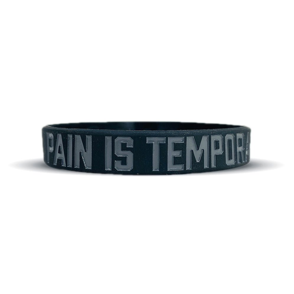Collection of Black wristband with 'Pain is Temporary' text on a white background in a gallery layout