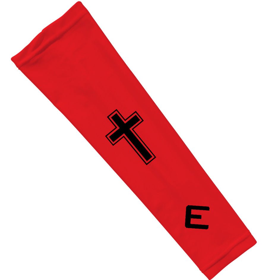 Collection of Red arm sleeve with black cross and letter 'E' on a white background in a gallery layout