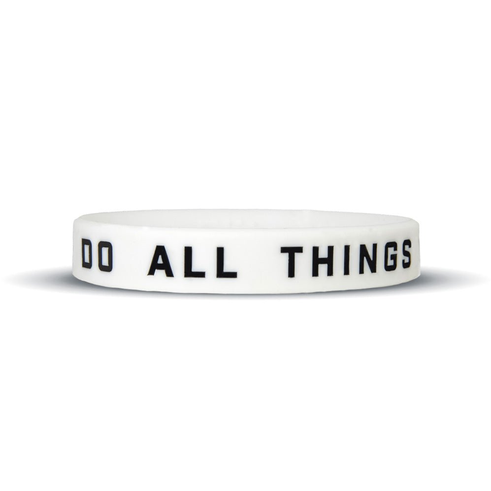 Collection of White wristband with 'DO ALL THINGS' text on a white background in a gallery layout