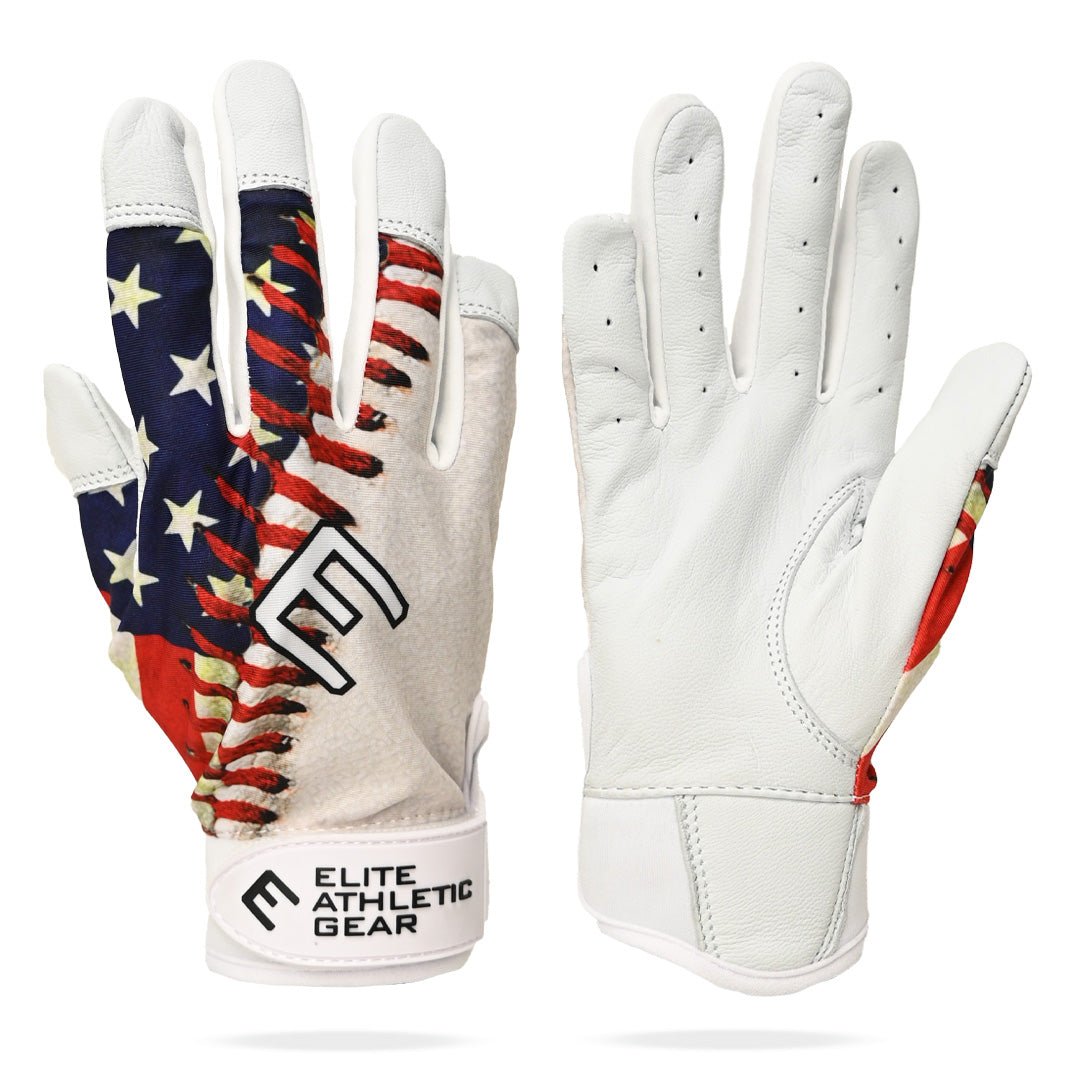 Collection of Gloves with American flag design and 'Elite Athletic Gear' branding on a white background in a gallery layout