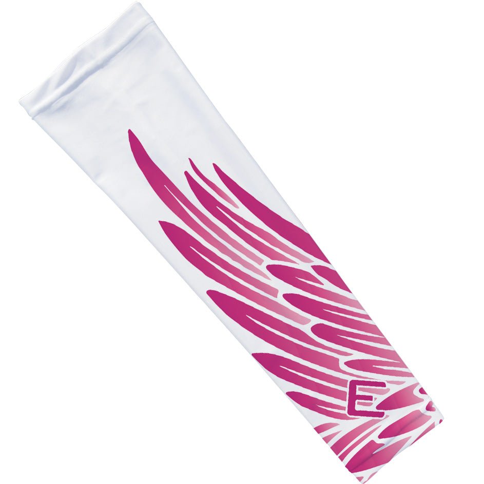 White arm sleeve with pink wing-like design on a white background