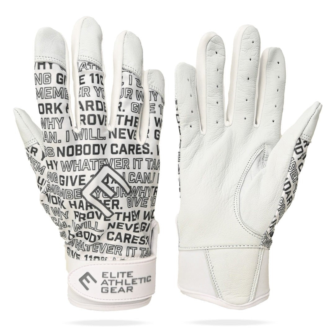 Collection of White athletic gloves with black text and branding on a white background in a gallery layout