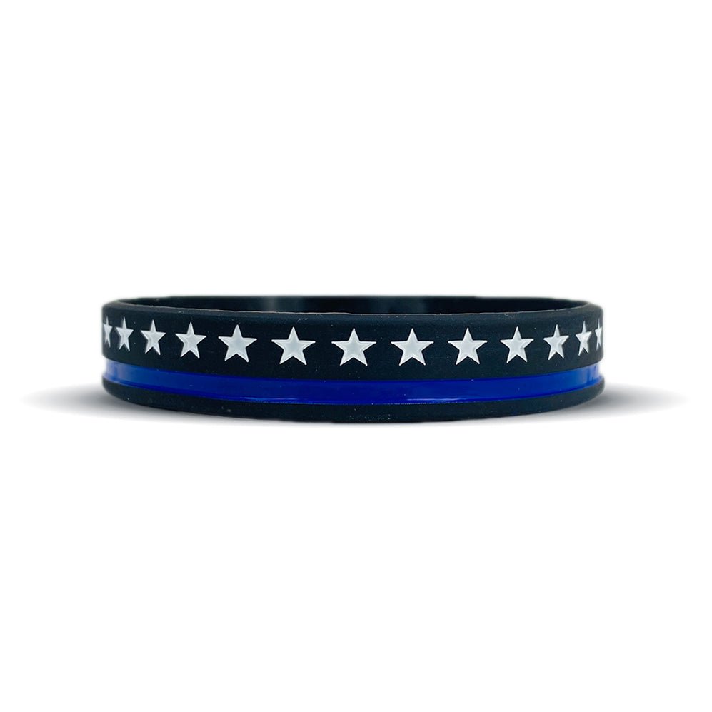 Collection of Black wristband with white stars and a thin blue stripe on a white background in a gallery layout