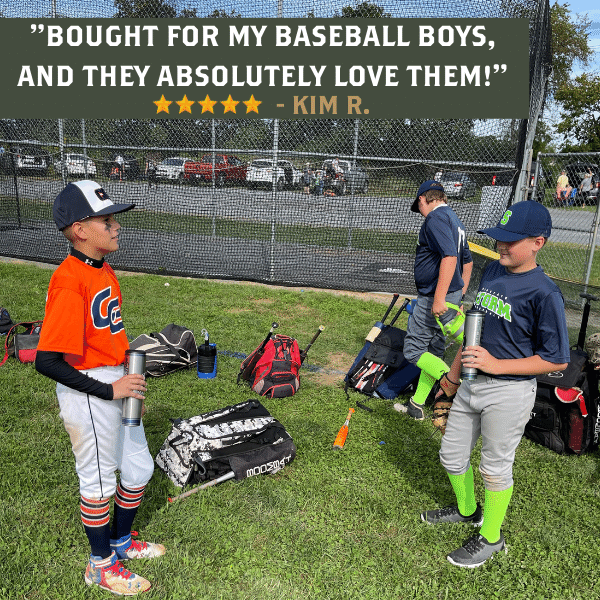 Collection of Two young baseball players standing on a field with sports equipment around, holding water bottles. in a gallery layout