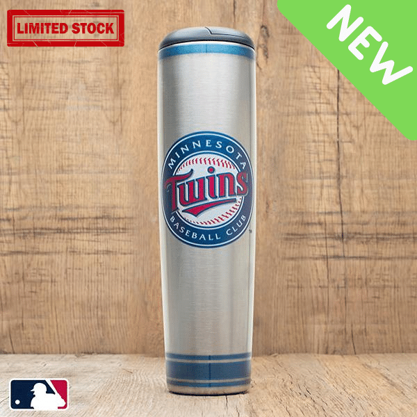 Collection of Silver tumbler with Minnesota Twins logo on a wooden background in a gallery layout