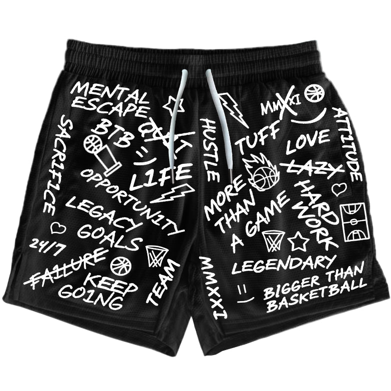 Collection of Black shorts with white text and graphics on a white background in a gallery layout