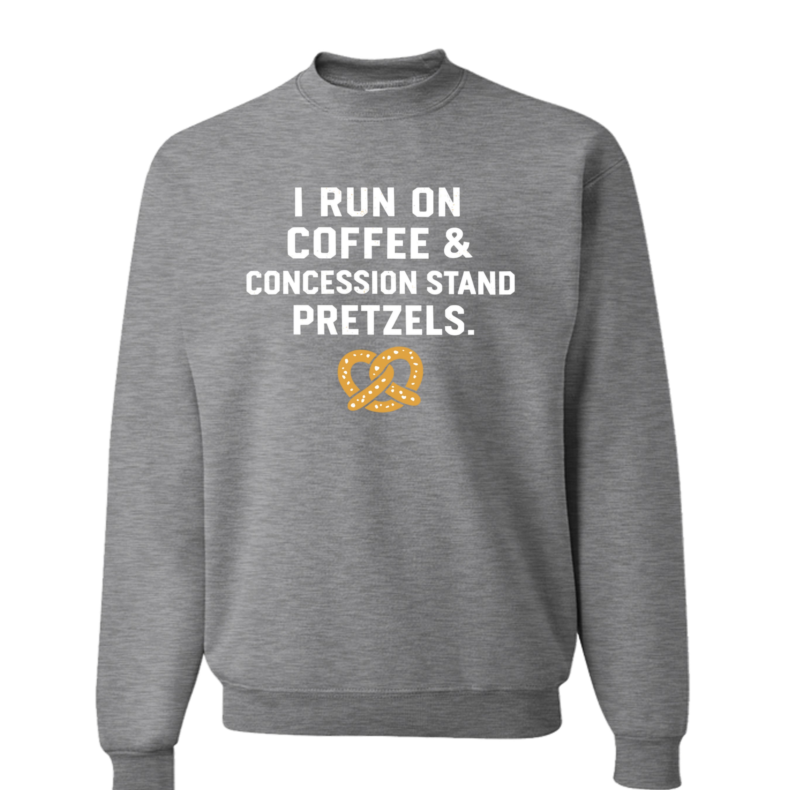 Collection of Athletic Heather Coffee and concession stand pretzels crewneck in a gallery layout