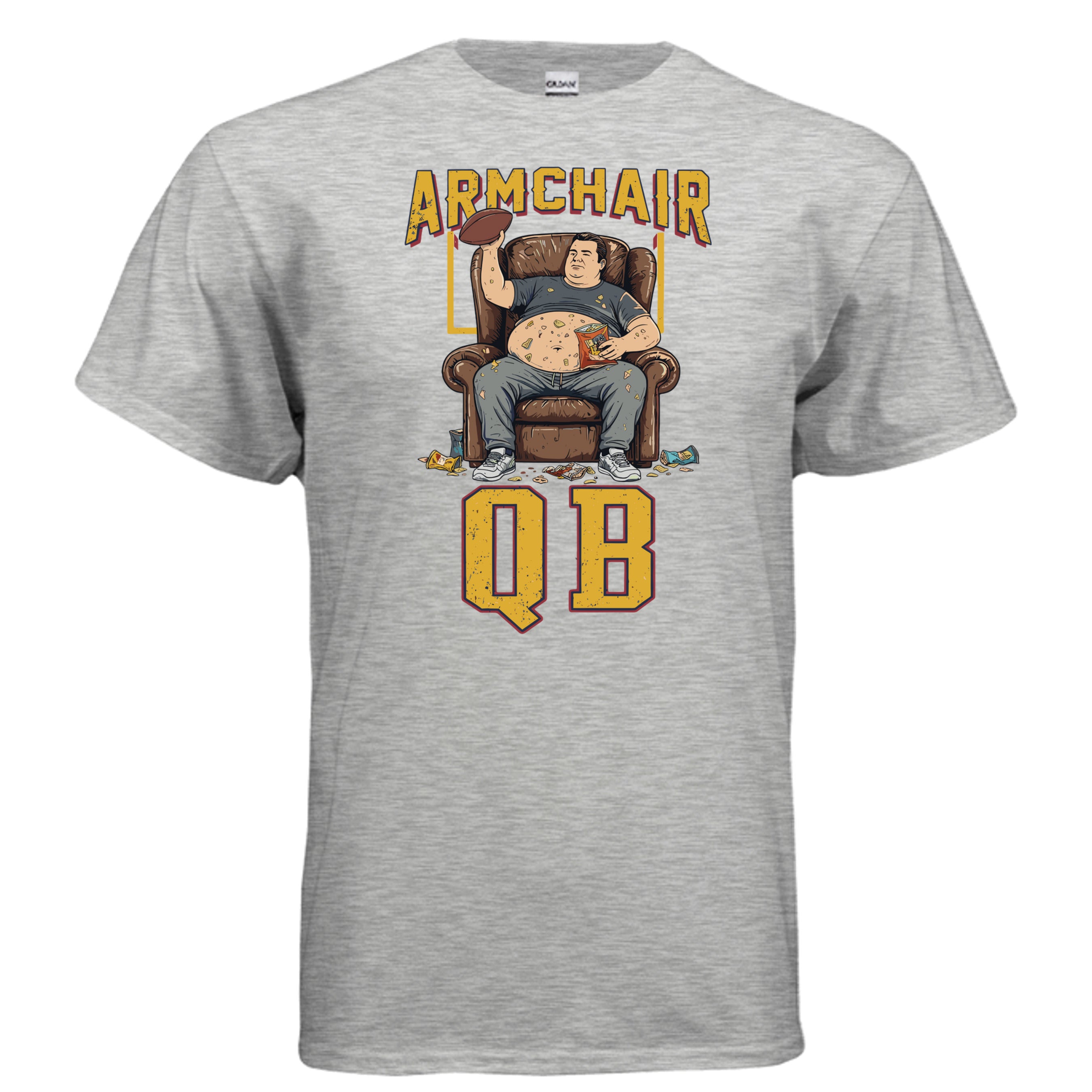 Collection of Armchair QB funny football shirt man in recliner holding football with chips scattered couch quarterback graphic tee in a gallery layout