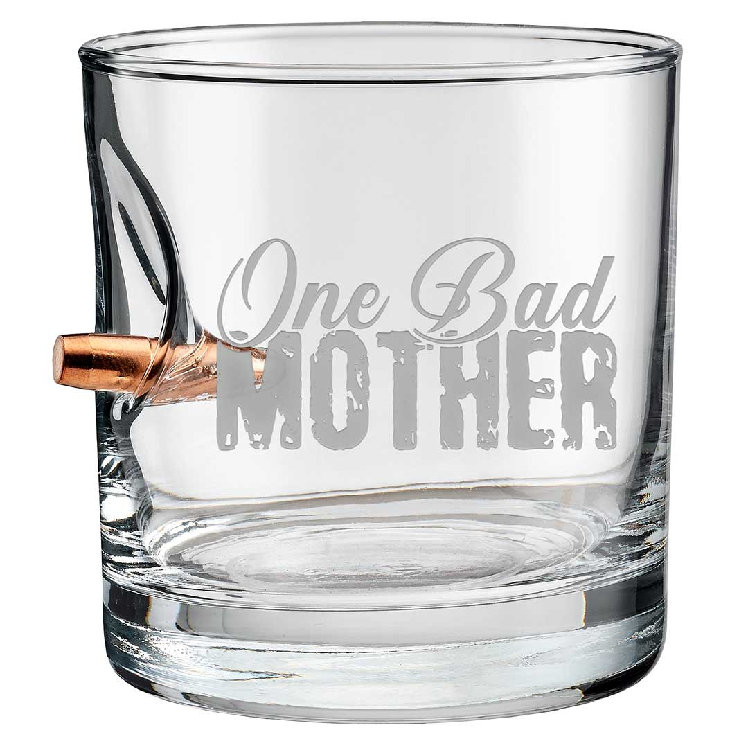 Collection of Clear glass with 'One Bad Mother' text and a bullet inside on a white background in a gallery layout