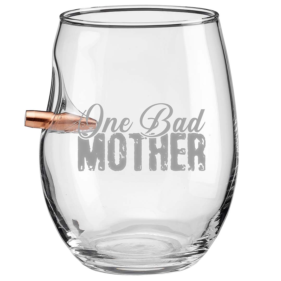 Collection of Clear glass wine glass with 'One Bad Mother' text and bullet inside on a white background in a gallery layout