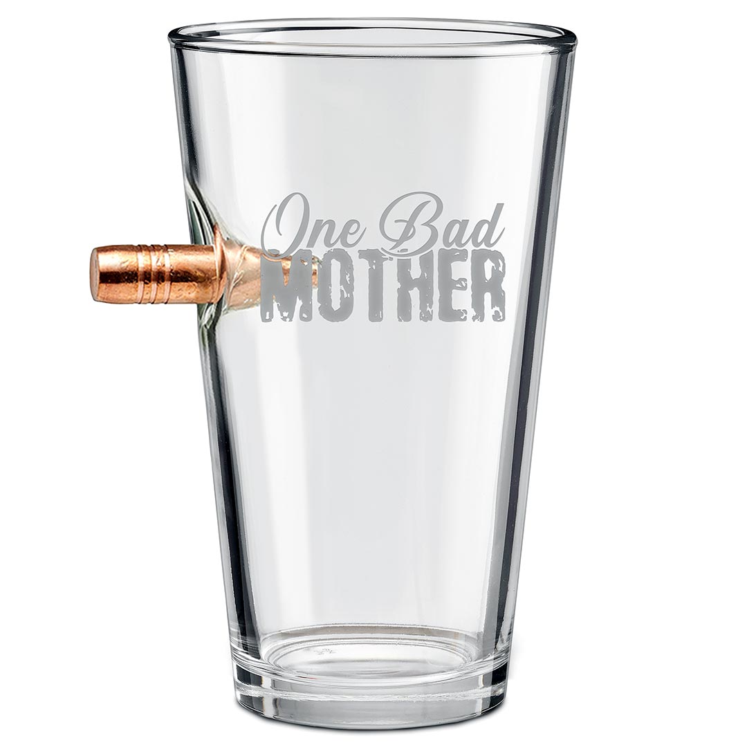 Collection of Clear glass with a bullet casing and 'One Bad Mother' text on a white background in a gallery layout