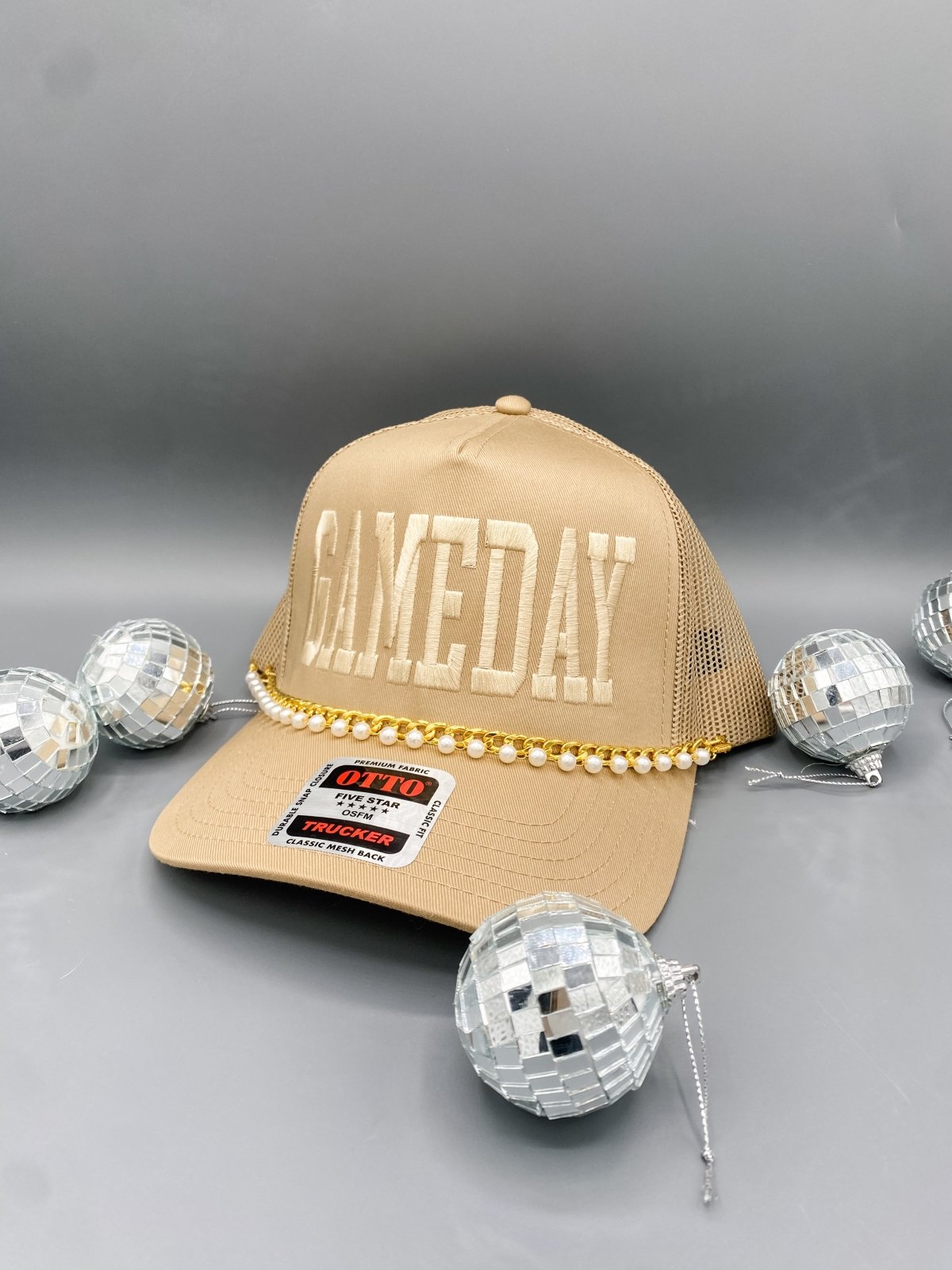 Gameday Trucker Hat | Tan Pearl Chain Hat for Game Day