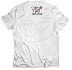 Collection of White t-shirt with colorful text on the back against a white background in a gallery layout