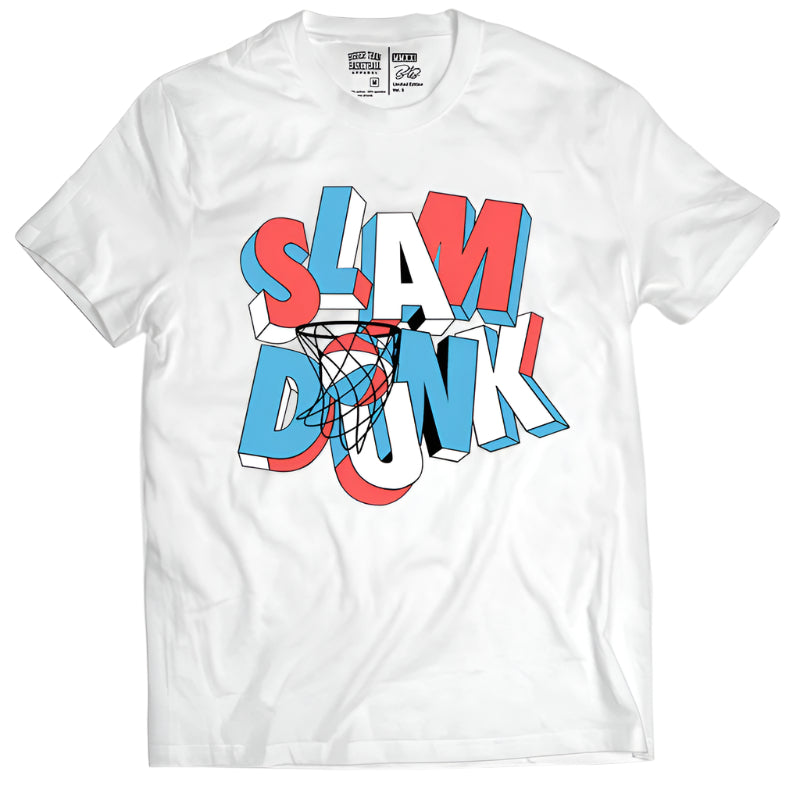 Collection of White t-shirt with 'SLAM DUNK' graphic design on a white background in a gallery layout