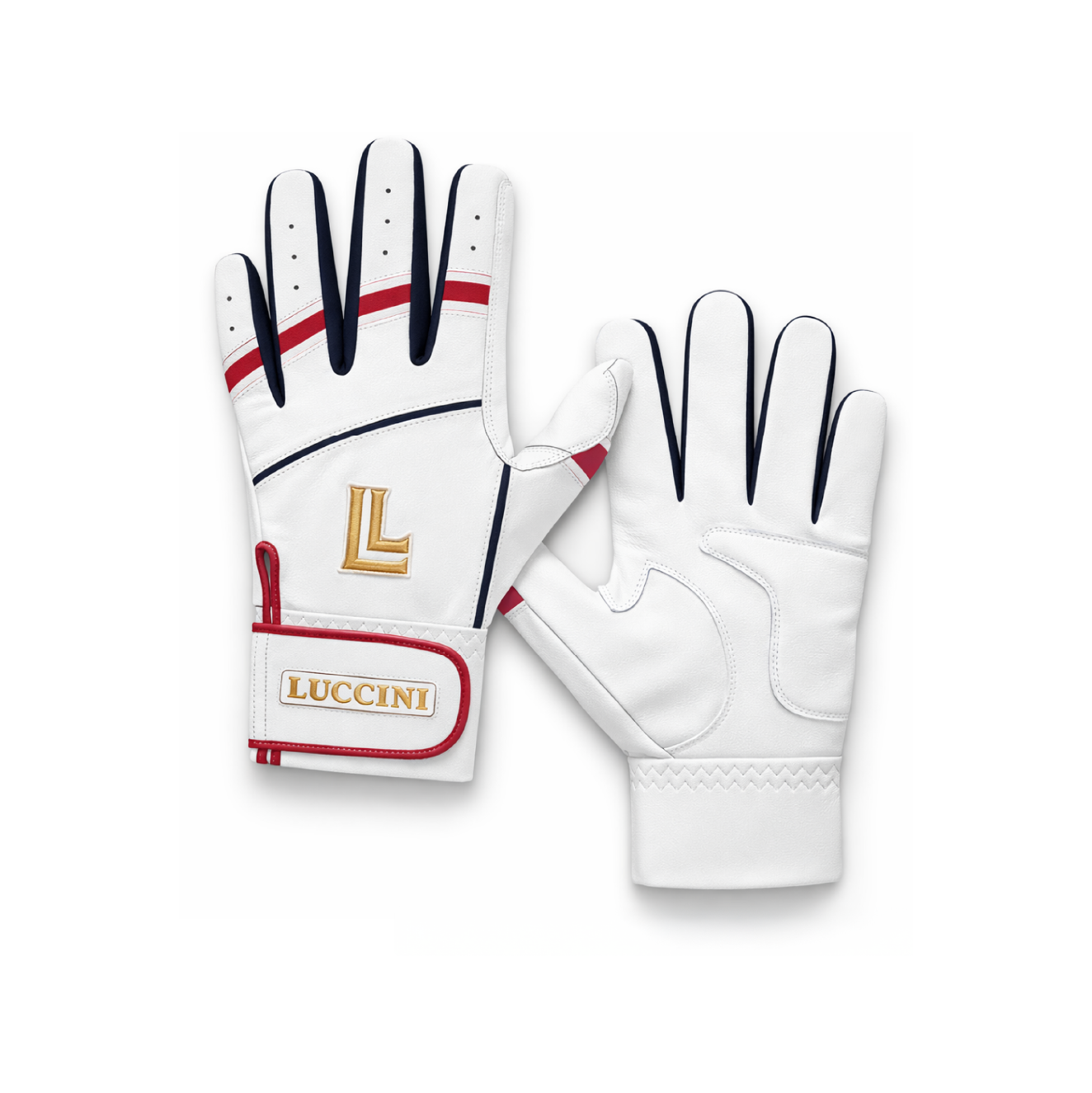 White batting glove with red and black accents on a white background, featuring the Lucchini brand.