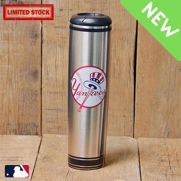 Collection of Stainless steel tumbler with Yankees logo on a wooden background in a gallery layout
